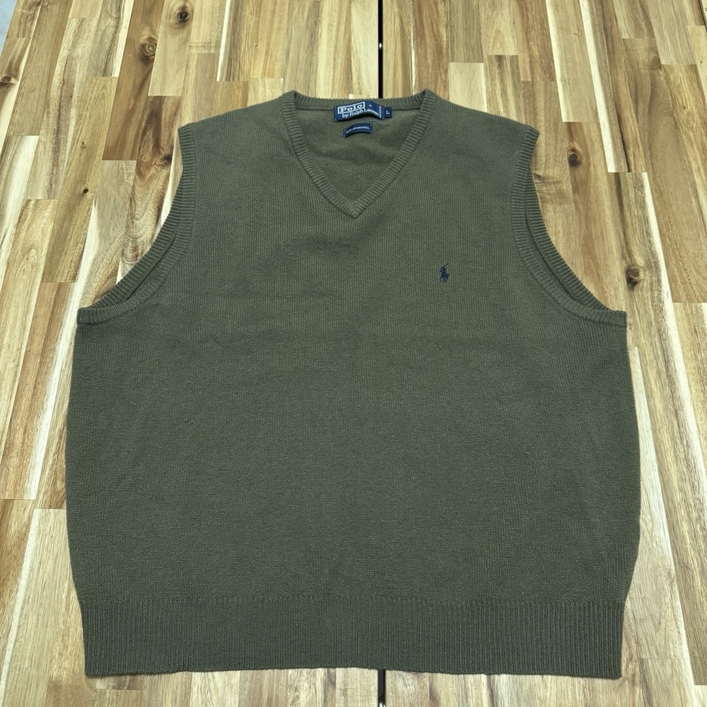 Polo Ralph Lauren Sweater Vest Mens L Olive Green 100% Lambswool Pullover Preppy